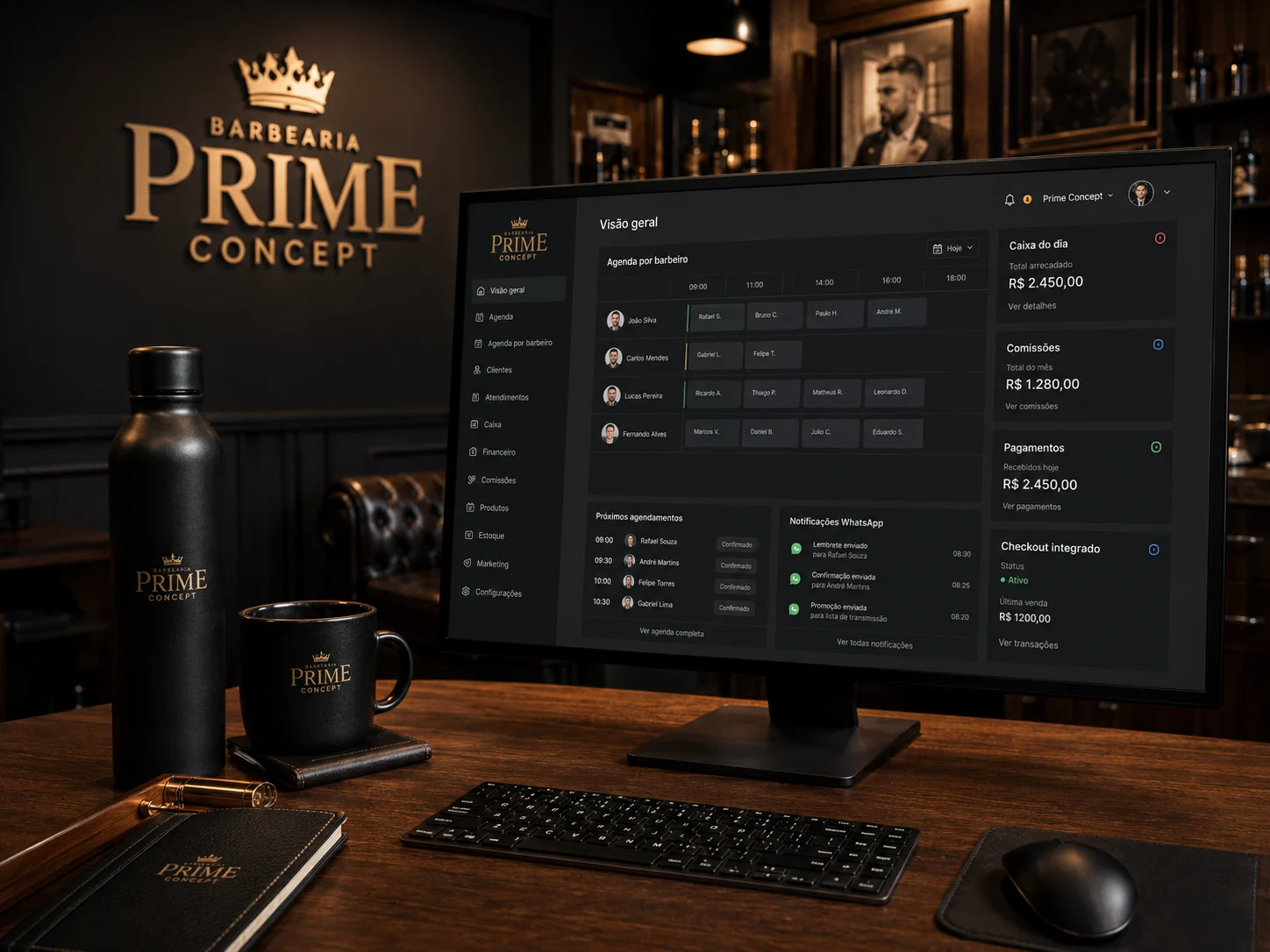 Painel de gestão para barbearia com agenda, caixa, comissões e checkout integrado