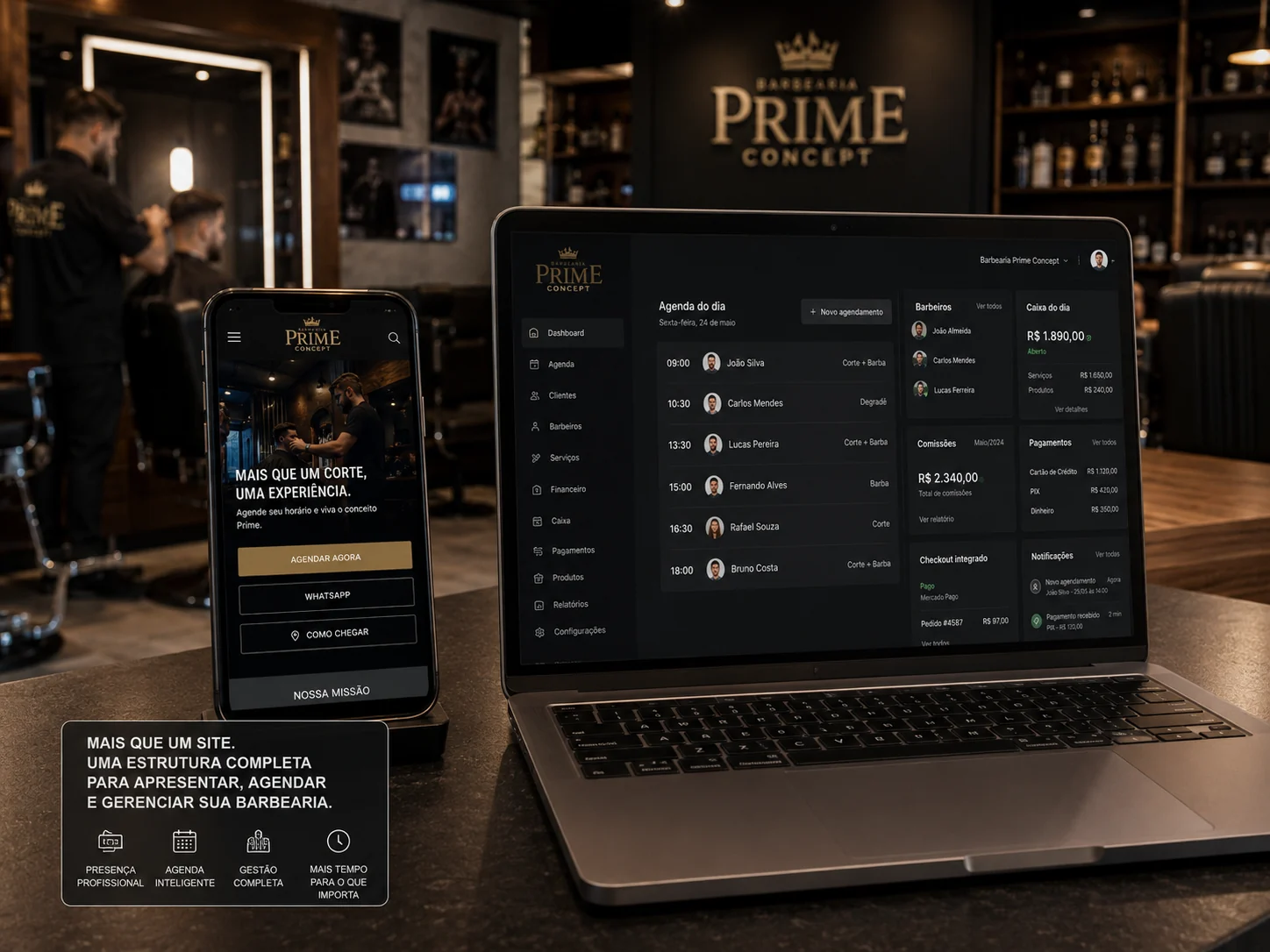 Demonstração da Mensagio Agenda para barbearias com microsite e painel de gestão