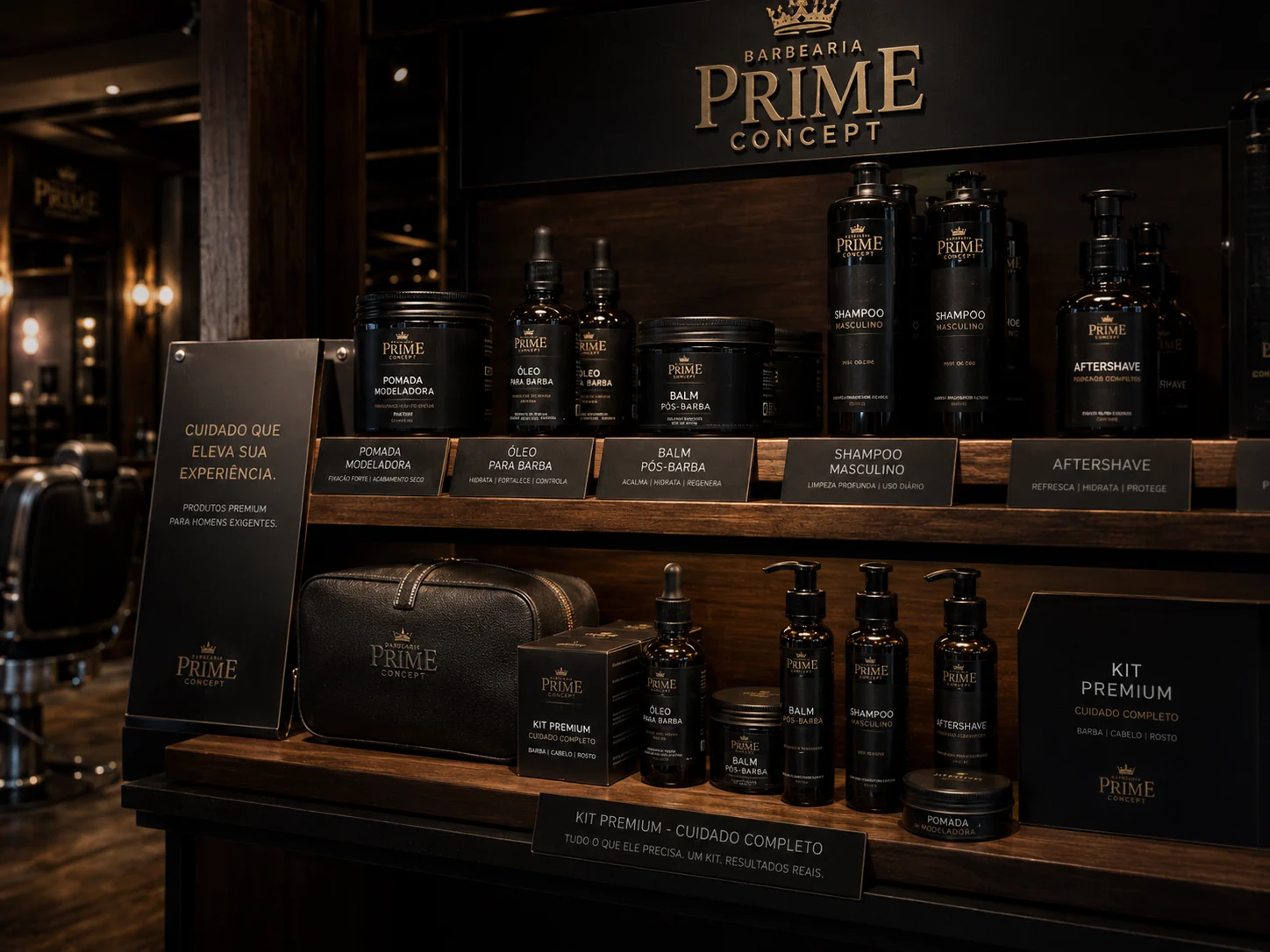Vitrine de produtos masculinos em barbearia